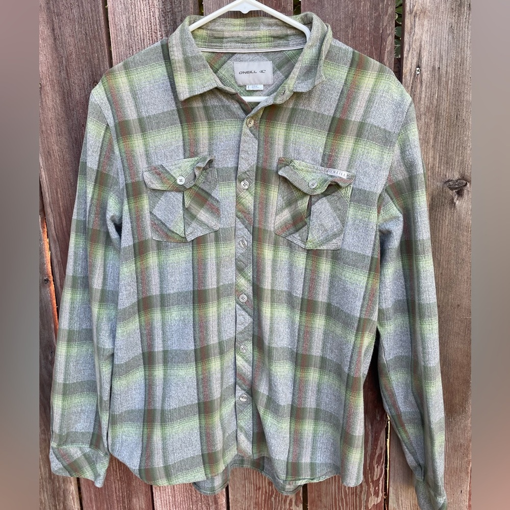 O'Neill Green & Brown Long Sleeve Button Down Shirt. Size Large